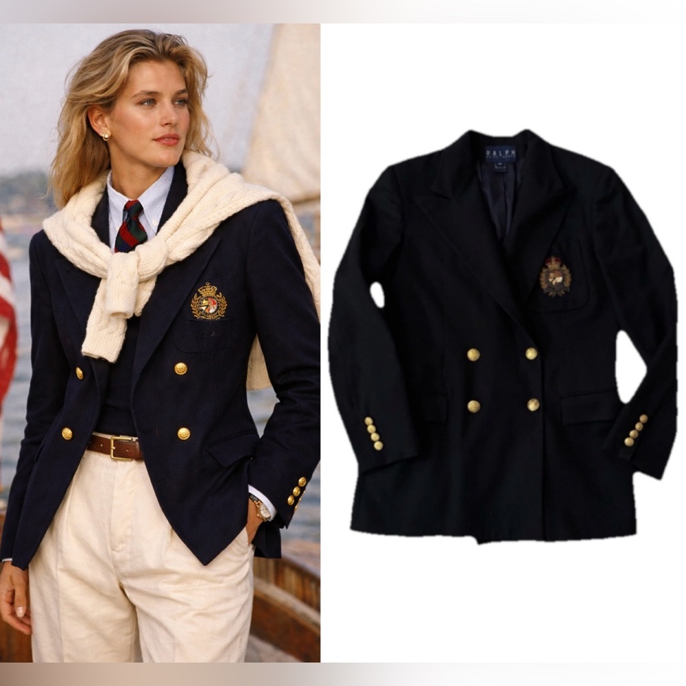 Vintage Ralph Lauren Polo Crest Blazer Double Breasted Wool Navy Jacket 90s 8
